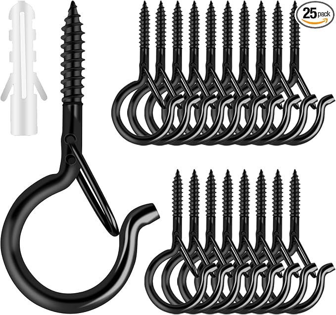 Q Hangers 25 PCS Screw-in Hooks for Outdoor String Lights, Swivel Hanging Basket Patio Light Hooks with Safe Buckle Screw in Planter Eye Hook for Wall Ceiling