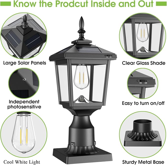 Greluna Solar Post Light Outdoor,2Pack 60 Lumens Dusk to Dawn Lamp Post Light, Solar Powered & Waterproof, Fits 6x6 Wooden Posts, 3 Inch Poles, for Garden, Pathway, Driveway, Fence & Yard（Cool White）