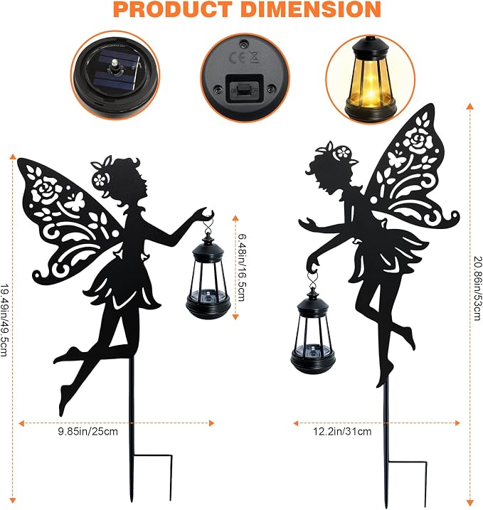Solar Fairy Garden Lights Outdoor, 2 Pack Hanging Lantern Fairy Stakes with LED Warm Glow, Waterproof Metal Silhouette Yard Decor for Patio Lawn Pathway, Garden Gifts for Women Mom