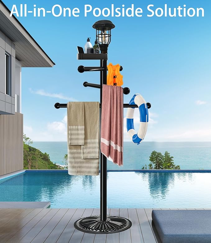 Pool Outdoor Towel Rack with Solar Light, 6 Bars with Top Tray Metal Heavy Duty Pool Accessories with Heavy Metal Base, Hot Tub Accessories for Pool and spa