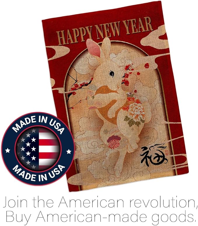Lunar New Year of Rabbit Wall Tapestry Home Decor Burlap Banner Patio Porch Lawn Garden Flag Pole Room Decorations Indoor Outdoor Yard Sign Spring Gifts Prosperous Chinese Decoration Made in USA