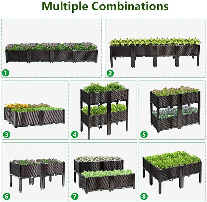 HAPPYGRILL Raised Garden Beds, Set of 4 Elevated Planter Boxes with Drain Holes & Removable Legs, Outdoor Raised Flower Bed for Patio Yard Balcony