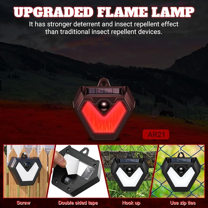 Qualirey 4 Pcs Upgraded Solar Nocturnal Animal Repeller Flickering Flame Outdoor Animal Repellent Motion Activated Coyote Deterrent Light for Skunk Deer Chicken Coop Farm Garden Yard(Red Light)