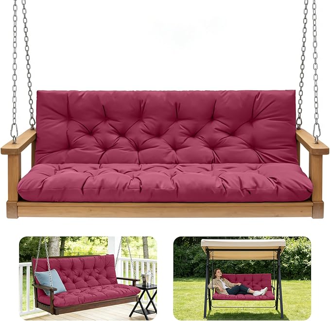 Porch Swing Cushions,Outdoor Cushions 3 Seater Replacement with Backrest, Waterproof Thickened Bench Cushion with Ties for Porch, Patio,Outdoor, Backyard and Garden (Wine Red 47 * 40 in)