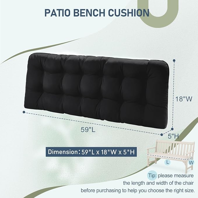 downluxe Outdoor Bench Cushion for Patio Furniture, Water Resistant Tufted Overstuffed Porch Swing Cushions, Thick Outdoor Loveseat Cushions, 59" x 18" x 5", Black, Set of 1
