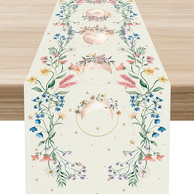Floral Moon Table Runner, Boho Rustic Spring Flower Moon Phase Seasonal Mystical Gothic Coffee Table Center Decor for Family Kitchen and Living Room Outdoor Farmhouse Table Decorations, 13"x90"