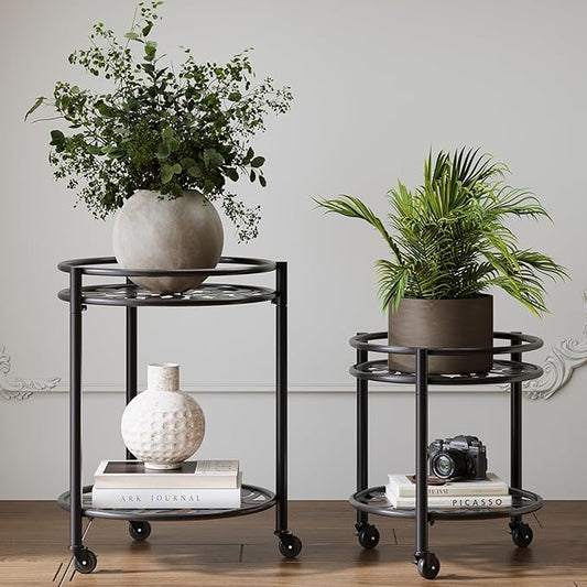 2 Tier Heavy Duty Rolling Plant Stand – 150 lbs Capacity Flower Pot Holder with Wheels for Indoor & Outdoor, Easy Move Cart for Balcony, Patio, Garden, 2 Pack Black