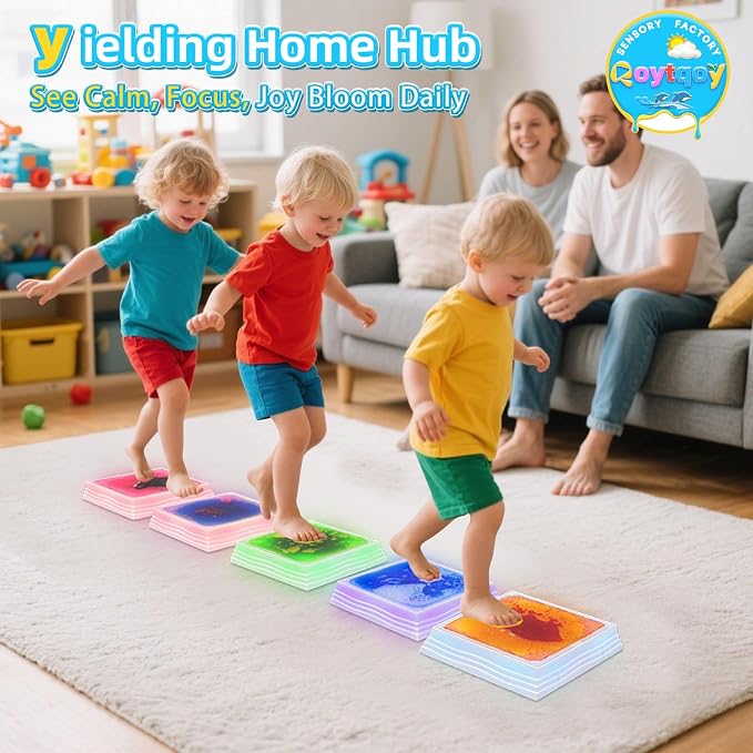 Light Up Stepping Stones for Kids Ages 3+, Sensory Stepping Stones with 7 Glow Colors & Liquid Motion, Non-Slip Indoor & Outdoor Toys for Toddler Balance & Motor Skills(3 Pack, Square)