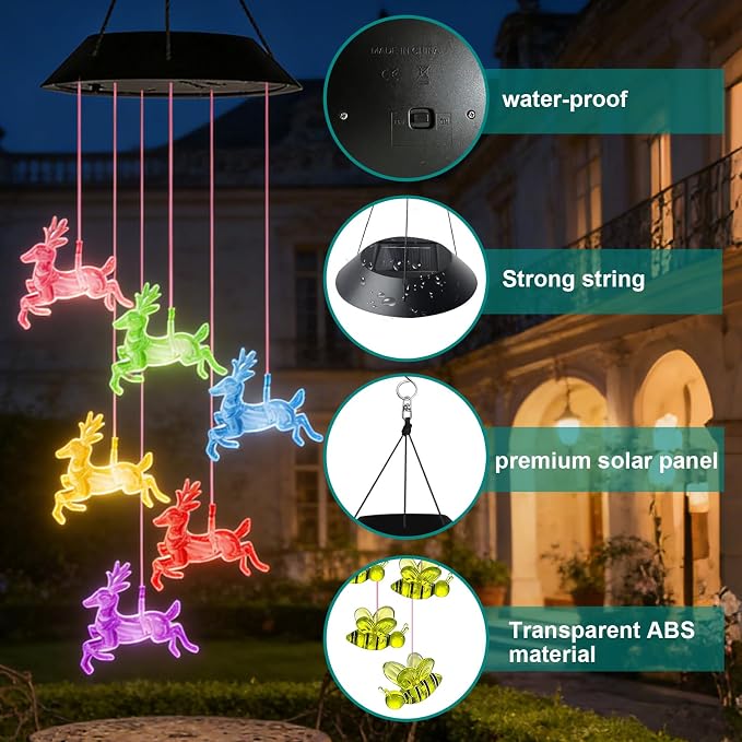 7-Color Light Changing Deer Solar Lights for Outside, Solar Lights Gifts for Father's Day, Solar Deer Wind Chimes Gifts for Women, Mom, Grandma, Garden Yard Lawn Outdoor Decor Mobiles
