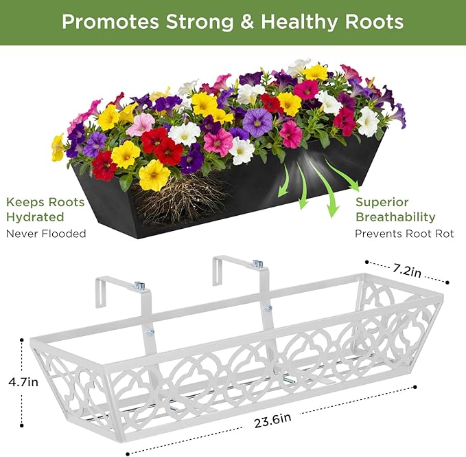 Y&M 2Pcs 24'' Railing Planter Box Set with Black Non-Woven Fabric Liner, Flower Boxes with Adjustable Brackets, Large Metal Hanging Window Boxes for Fence, Deck, Balcony, and Garden