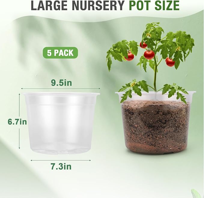 10 Inch Large Clear Nursery Pots with Drainage, 5 Pack Plastic Pots for Plants, Clear Plant Seedling Pots for Indoor & Outdoor Gardening (10 inch)