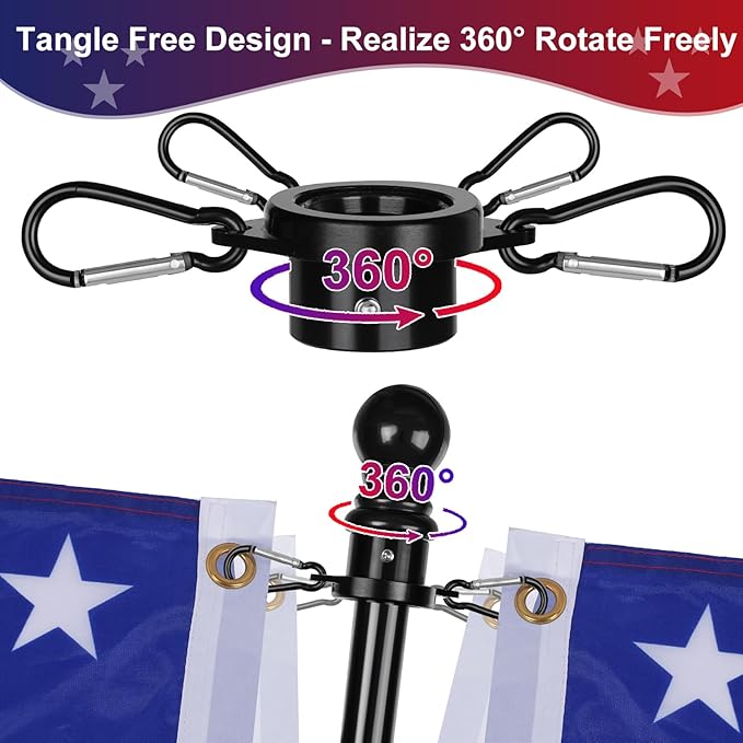 Bearing Steel Ball Flag Pole Rings, Tangle Free Aluminum Alloy Flag Pole Spinners, 360° Rotating Flagpole Rings with Carabiners, Fit Flagpole with 1-1.25inch Diameter, Flagpole Parts, 1.25 inch Black