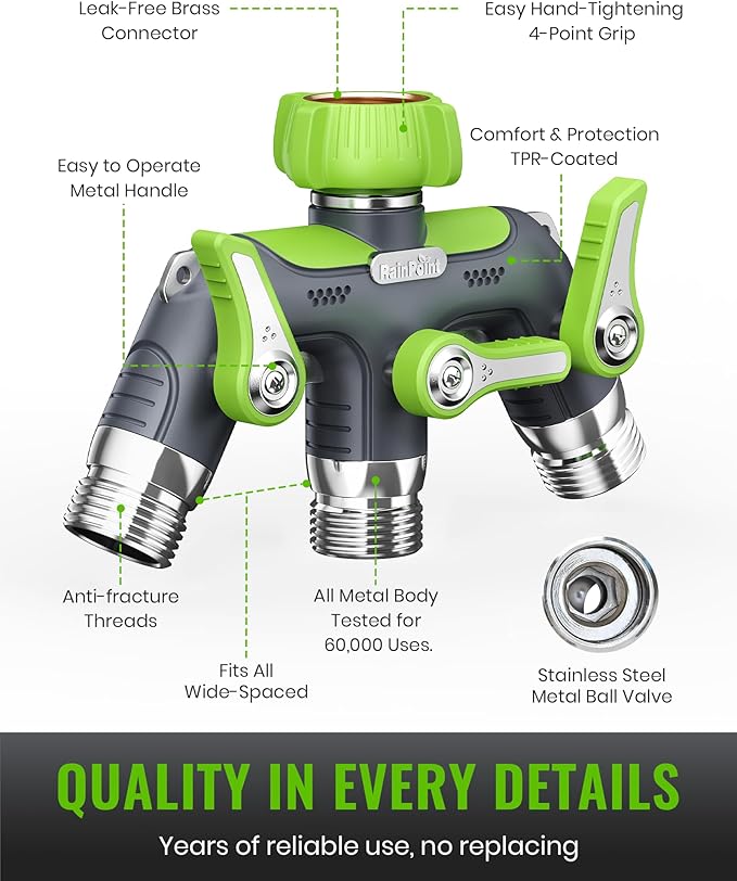 RAINPOINT 3 Way Hose Splitter, 100% Metal Heavy Duty Garden Hose Splitter With 1.9" Extra Long Handle & Individual Shut Off, 3/4 Inch GHT Thread Water Hose Connector For Outdoor Spigot Faucet (Green)