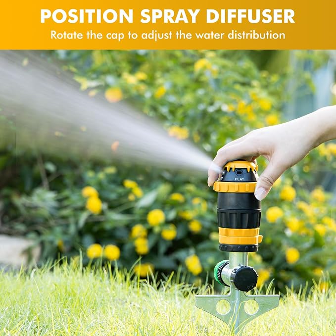 [2 Pack] RESTMO Gear Drive Sprinkler with Metal Spike Base, 5-Pattern Heavy Duty Gardening Watering System, Multi-Adjustable Lawn Sprinkle for Garden Plant, Flower Bed and Large Yard Area, Yellow