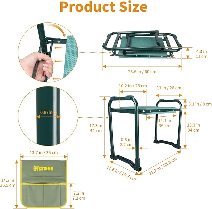 Garden Kneeler and Seat, Foldable Garden Stool with Handles, Heavy Duty All Metal Frame, Gardening Kneeling Bench Workseat w/Tool Pouch for Women Men Seniors, Weeding&Planting, Gardening Gift