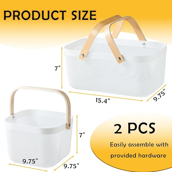 Nexboraque 2 Pack Plastic Mesh Garden Harvest Basket, Plastic Picnic Baskets with Foldable Wooden Handle, Rectangle Fruit Vegetable Storage Organizer Bins for Gathering, Kitchen, Pantry, White