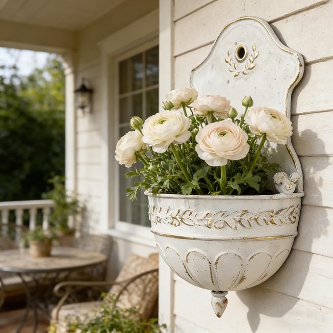 Vintage Distressed White Metal Wall Planter, Rustic Hanging Pocket Planter with Scrollwork & Scalloped Design, Farmhouse Wall Decor for Indoor & Covered Outdoor Garden, Porch & Entryway (White Gold)