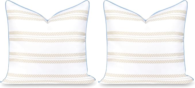 Hofdeco Premium Coastal Hampton Patio Indoor Outdoor Throw Pillow Cover Only, 22"x22" Water Repellent for Backyard, Couch, Poolside, Neutral Tan Blue Print Leaf Striped (Pack of 2)