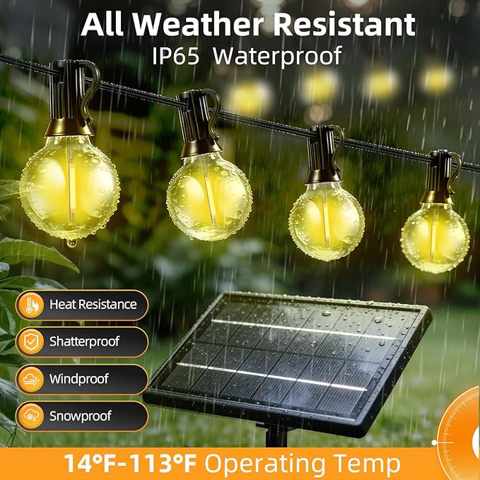 Solar Lights Outdoor Waterproof: G40 15M 50FT Shatterproof Bulbs Patio Lights - Solar Powered 3 Light Modes Solar Light - Camping Backyard Garden Deck Outside Yard