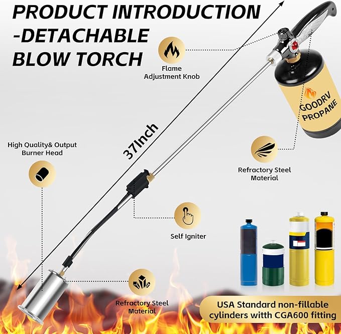 Weed Burner Torch, Propane Torch Weed Burner High Output 37" Extended Heavy Duty Blow Torch Detachable Long Arm with Flame Control Valve for Garden,Wood,Stumps,Melting Ice,Snow Road,Roofing,Outdoor
