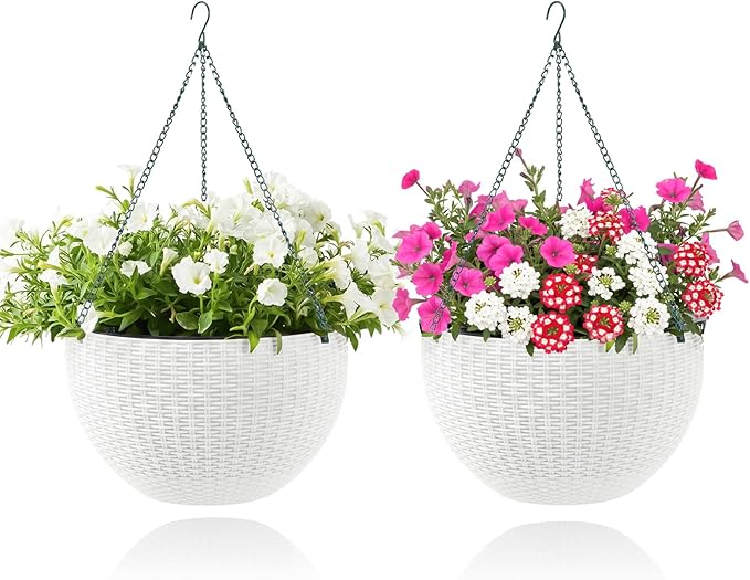 13.8 Inch Self Watering Hanging Planter, 2PCS Round Resin Hanging Basket for Indoor Outdoor Plants, Rattan Look Flower Pot with Drainage Plug, Deep Inner Pot and Sturdy Metal Triple-Chain Hanger