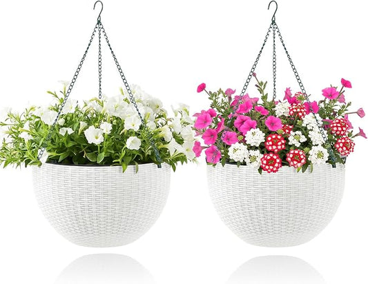 13.8 Inch Self Watering Hanging Planter, 2PCS Round Resin Hanging Basket for Indoor Outdoor Plants, Rattan Look Flower Pot with Drainage Plug, Deep Inner Pot and Sturdy Metal Triple-Chain Hanger