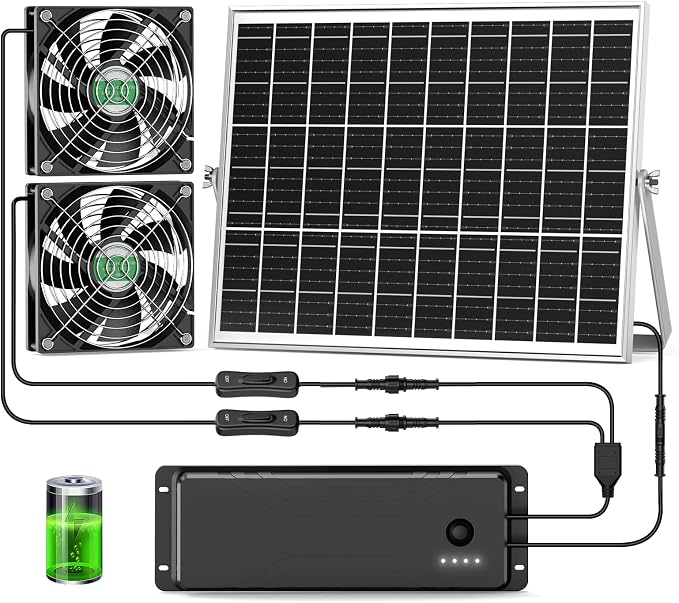 Solar Fan with Battery, 25W Solar Powered Rechargeable Fan Outdoor Waterproof, 12800 mAh Battery Exhuast or Intake Fans, For Chicken Coop Greenhouse Dog Shed Ventilation Cooling