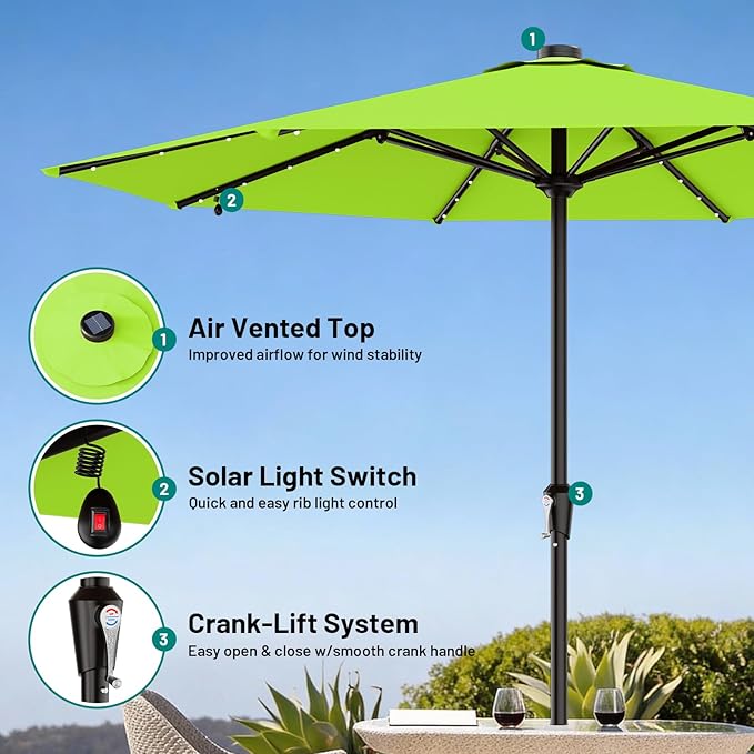 AreShark 11FT Large Patio Umbrella with Solar Lights, Lighted Solar Umbrella with Crank, Outdoor Table Market Umbrellas for Garden, Deck, Backyard, Pool and Beach, Apple Green