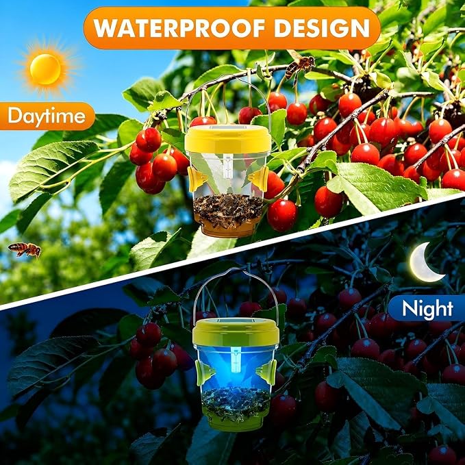 Wasp Traps Outdoor Hanging, Solar Bee Trap for Outside, Reusable Solar Powered Hornet Traps, Bee Wasp Catcher Outside Garden 4 Packs