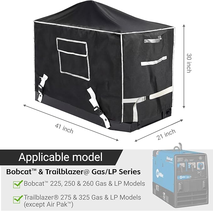 Heavy-Duty Welder Generator Cover with Upgraded Exhaust Pipe Protector– Fits for Miller Bobcat 225/250/260 & Trailblazer 275/325 Gas/LP Models, 41"D×21"W×30"H All-Weather Protection