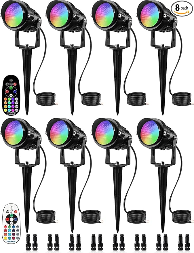 SUNVIE RGBW Color Changing Landscape Lights Low Voltage LED Landscape Lighting Remote Control Spotlight Waterproof Garden Yard Halloween Christmas Decoration Outdoor, 8 Pack with Connectors