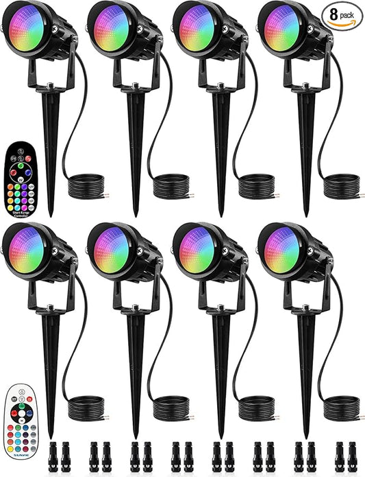 SUNVIE RGBW Color Changing Landscape Lights Low Voltage LED Landscape Lighting Remote Control Spotlight Waterproof Garden Yard Halloween Christmas Decoration Outdoor, 8 Pack with Connectors