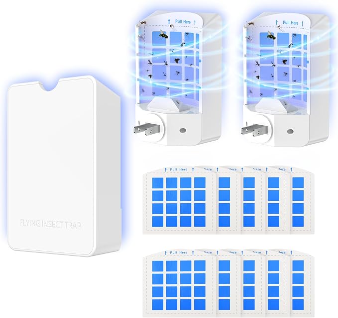 Indoor Fly Trap Plug in, Flying Insect Trap with Blue UV Light, Fruit Fly & Gnat Trap for Indoors, Mess-Free Bug Catcher for Home, 2 Device + 10Refill Glue Cards