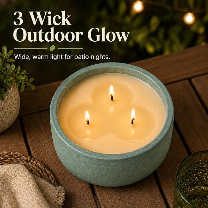 20oz Large Scented Candle Outdoor - Citronella & Bergamot, 3 Wick Non Toxic Soy Scented Candles Indoor, Green Decorative Ceramic Jar Candle for Women, Men, Patio, Home, Bedroom, Bathroom, Living Room