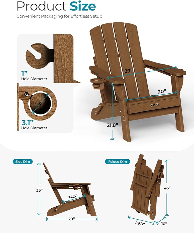 Folding Adirondack Chair 2 Pack, HDPE All-Weather Fire Pit Chairs, Plastic Adirondack Chairs with 2 Cup Holder, Outdoor Lawn Chair for Patio Garden (Brown)