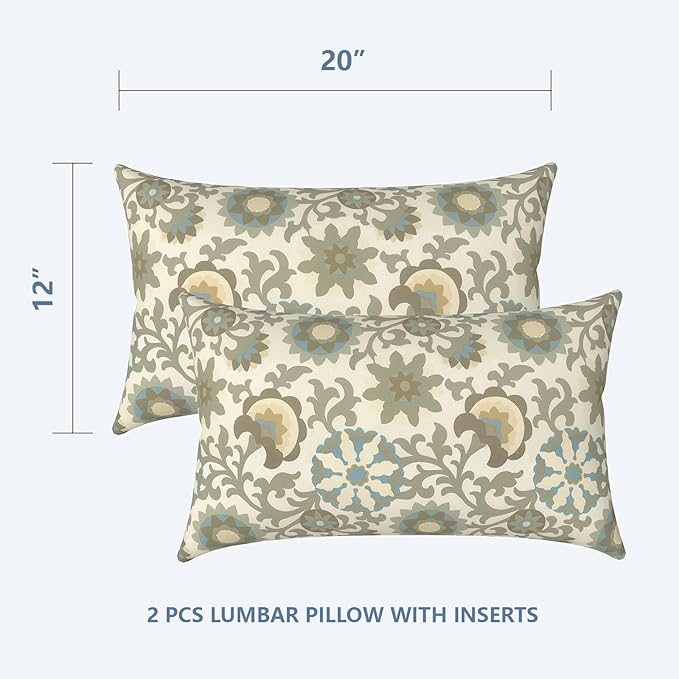 LVTXIII Outdoor/Indoor Lumbar Pillows, Decorative Patio Lumbar Cushions, Fluffy Water Repellent Garden Cushions for Home Patio Coach Sofa Use, 12×20 Inch, Pack of 2, Floral Symphony‌