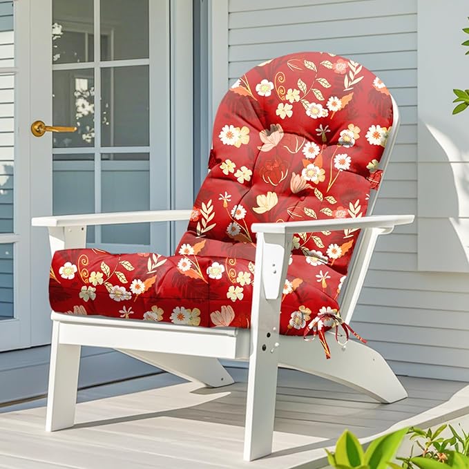 Adirondack Chair Cushion Waterproof Indoor Outdoor Rocking Chair Cushion 44 Inches Patio High Back Chair Cushions Thickened Adirondack Rocking Chair Cushions with Ties, Red Peony