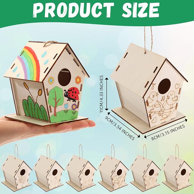 DoubleFill 48 Pack Wooden Bird House Bulk for Kids Birdhouse Kit Wood Houses for DIY Unfinished Hanging Birdhouse Kits Wooden Craft Houses to Paint VBS Craft Family Crafts