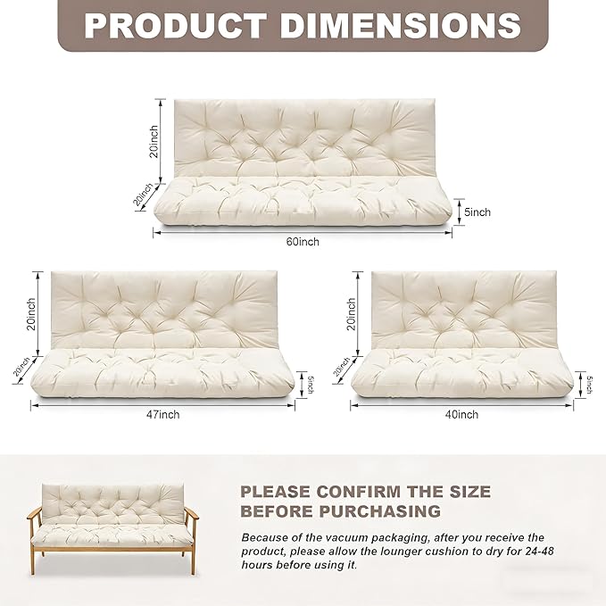 Porch Swing Cushions,Outdoor Cushions 3 Seater Replacement with Backrest, Waterproof Thickened Bench Cushion with Ties for Porch, Patio,Outdoor, Backyard and Garden (Cream 60 * 40 in)