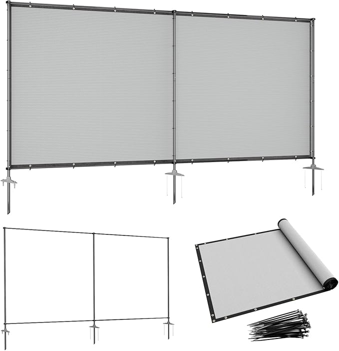 6' x 7' Gray Outdoor Privacy Screen Freestanding 240 GSM Privacy Fence Panels for Outside, Pool Fences with Poles, Backyard Temporary Fencing, Privacy Wall Ground Pole Fence