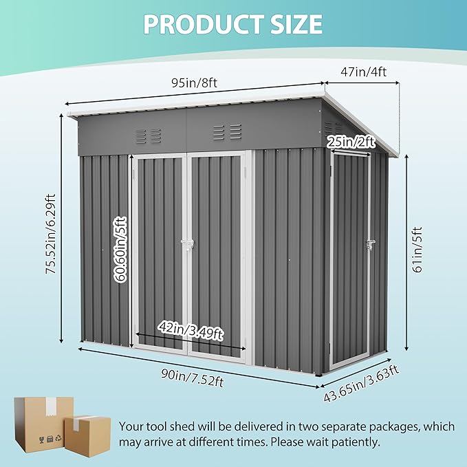 YOPTO 4x8 FT Outdoor Storage Shed,Slope Roof Storage Metal Garden Shed Steel with Reinforced Beams,All Weather Waterproof Garden Tool House W/Lockable Door & 4 Air Vents,for Backyard,Patio,Lawn,Grey