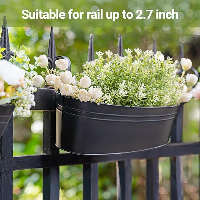 Dahey 5 Pcs Metal Iron Hanging Flower Pots for Railing Fence 15.7 Inch Hanging Bucket Pots Countryside Style Window Flower Plant Holder with Detachable Hooks for Garden Yard Home Decor, Black