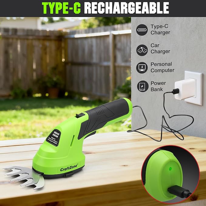 Cordless Grass Shear & Hedge Trimmer - Green | 2-in-1 Electric Shrub Trimmer and Grass Cutter | 8V Handheld Lawn Trimmer with USB Type-C Cable & Rechargeable Lithium-Ion Battery