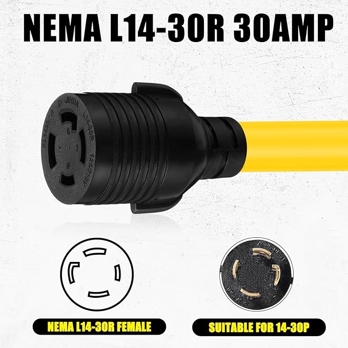 Tellegloww NEMA L6-30P to L14-30R 30 Amp Generator Adapter Cord, Generator Transfer Switch, House Inlet Box Adapter, STW 10 AWG/3C, 1ft, ETL Listed