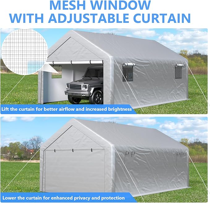 Jocoevol Carport 13x21 FT Enclosed Carport with Roll-up Windows, Portable Garage with Removable Sidewalls & Doors, Car Canopy Tent with Sandbags All-Season Tarp for Car Boat Truck Motorcycle