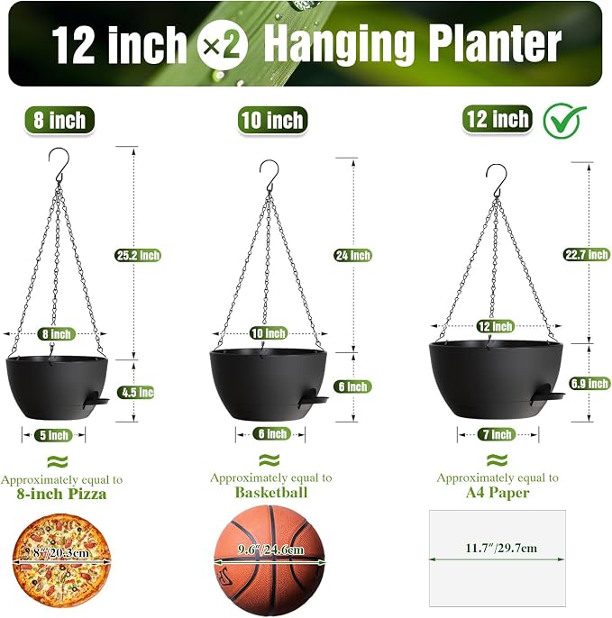 12 Inch Self Watering Hanging Planters, 2 Pack Plastic Plant Pots | Sturdy lightweight pot with side watering lip, drainage holes, snap-on detachable tray & hanging chain for easy care