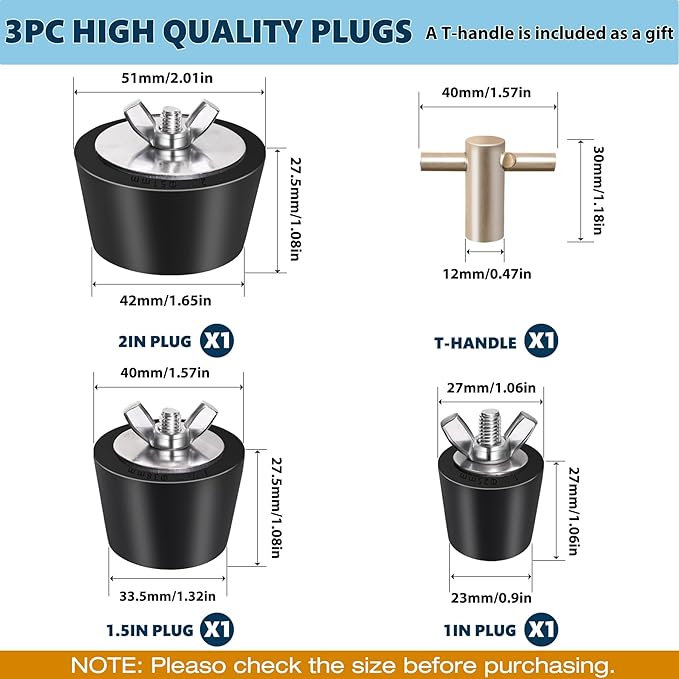 3 Pack Rubber Pool Winter Plugs with One T-Handle – 1" 1.5" 2" Pool Winterizing Plugs with Stainless Steel Screws Pool Return Jet Plug Inground & Above Ground Skimmer Plug for Pools