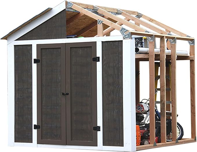 EZBUILDER 7 x 8 Foot Peak Roof Storage Shed Garage Barn DIY EZ Framing Kit with 24 Galvanized Steel Angles and 12 Base Plates (No Wood Included)