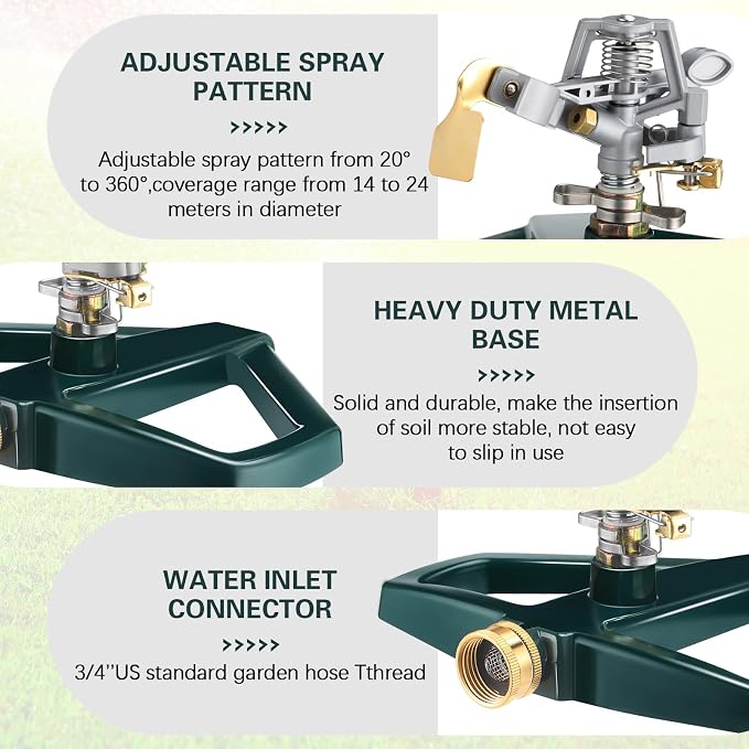 3 Sets Rotating 360 Degree Swivel Garden Sprinkler Pulsating Impact Sprinkler with Metal Base, Heavy Duty Adjustable Garden Hose Sprinklers System for Large Area Lawn Yard(Small Head)
