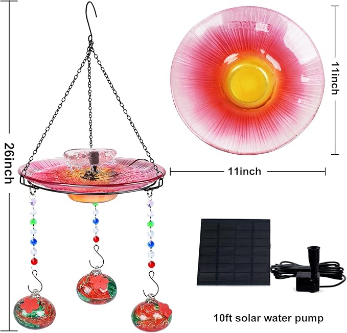 Headak Life Hummingbird Feeder Glass with Hanging Bird Bath for Outside Combo Set,12 Fluid Ounces,Solar Hummingbird Bath with Fountain (11inch),Backyard, Patio Garden Yard Decoration (Red)